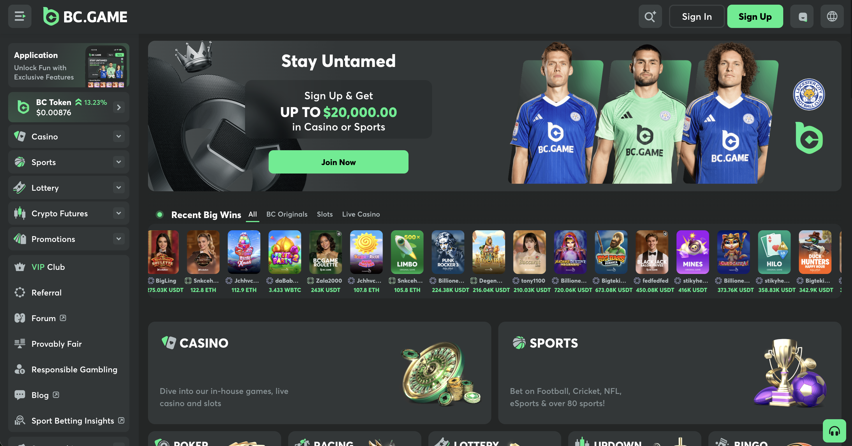 BC.Game Altcoin Casino Interface und Bonusrad