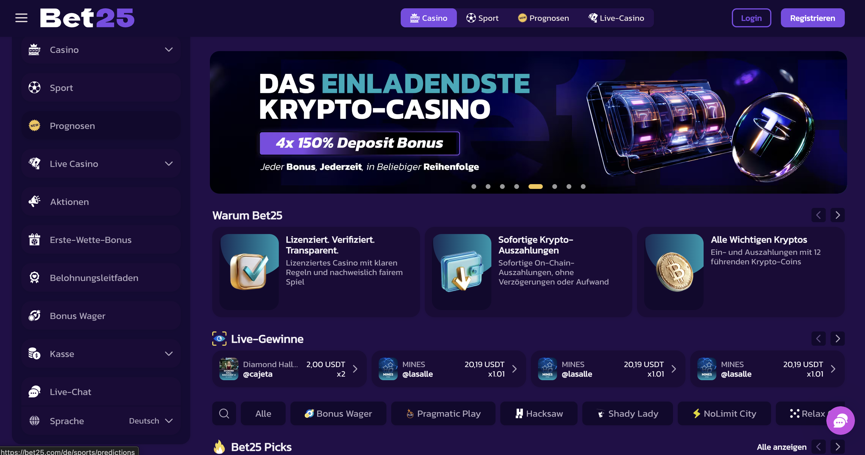 Bet25 Krypto Casino Dashboard und Spieleübersicht