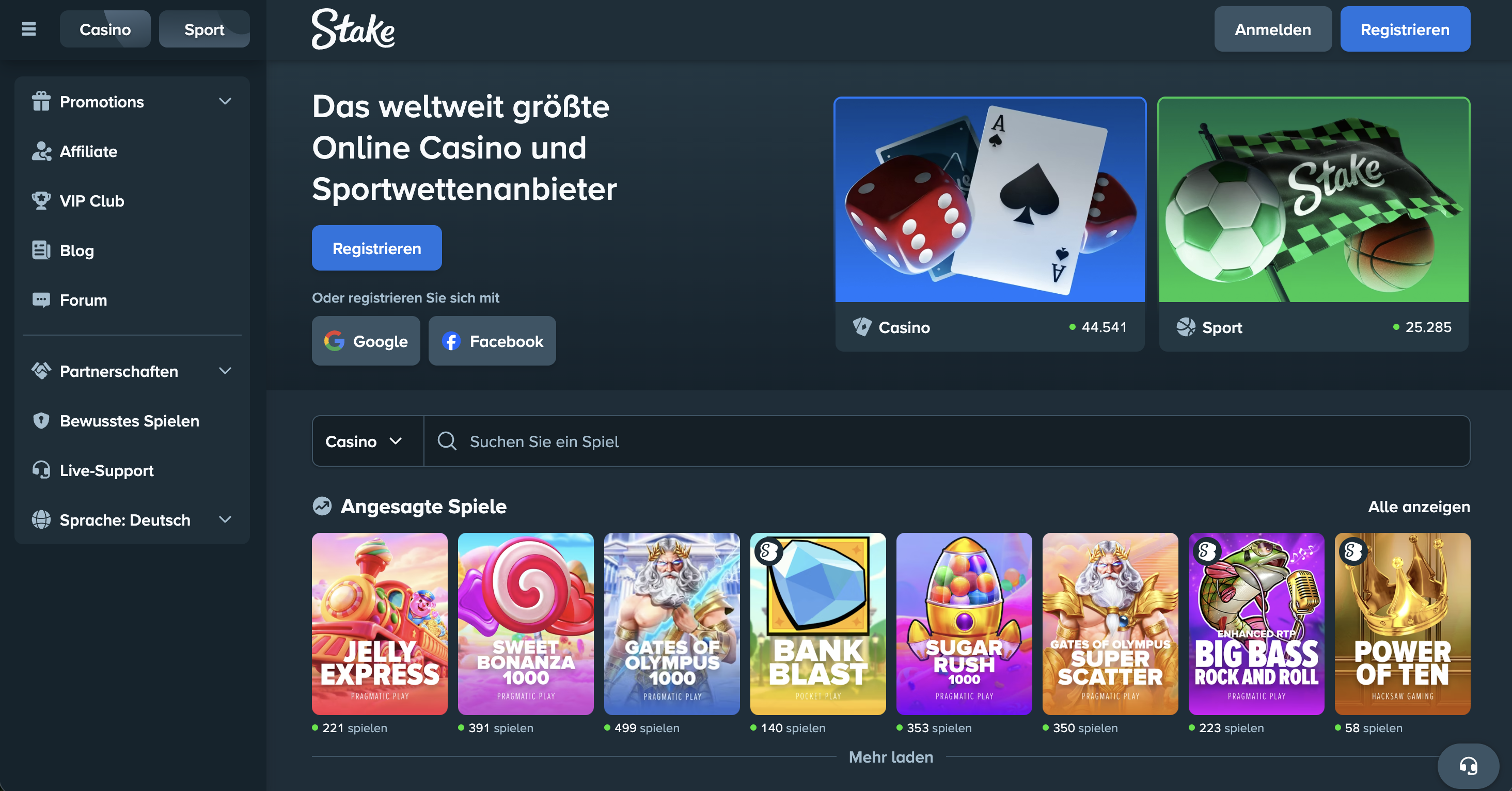 Stake.com Krypto Casino Lobby und VIP Bereich